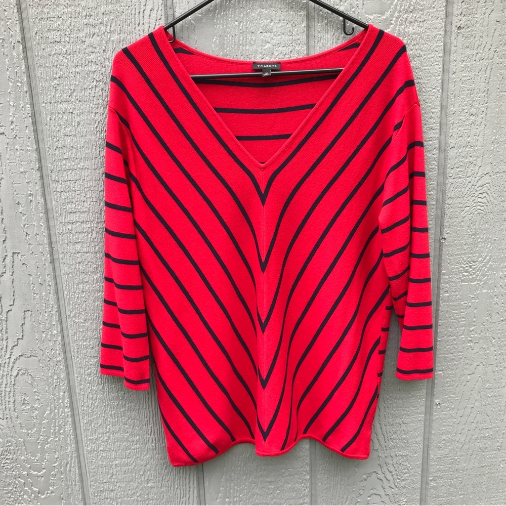 Talbots v neck sweater top size medium, red and navy stripe
